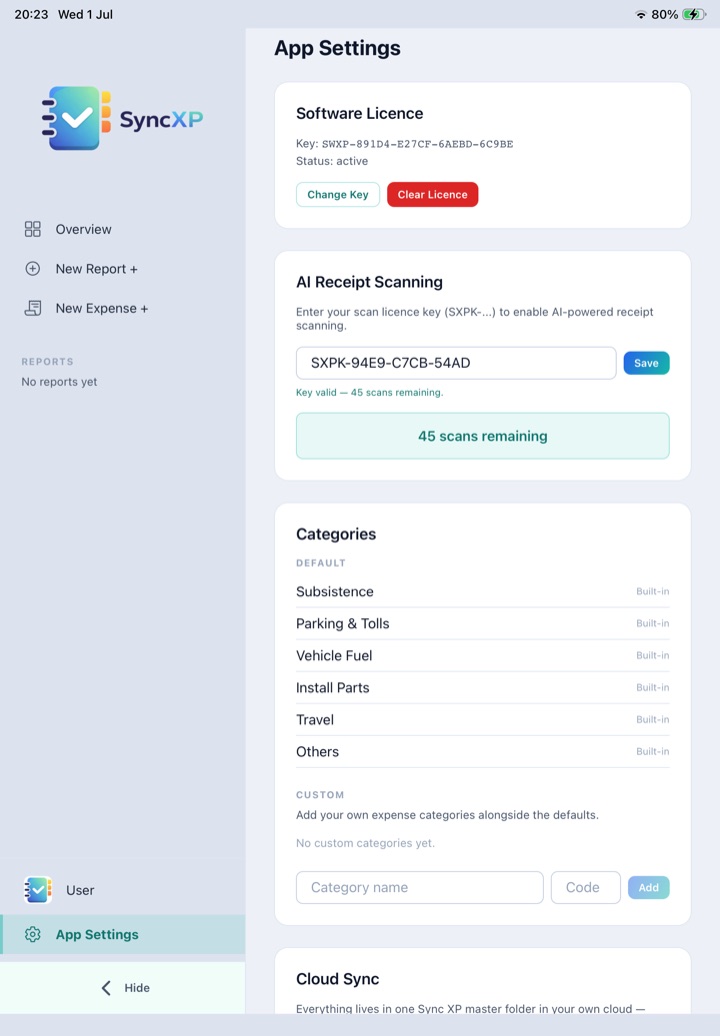 Licence and cloud sync settings on iPad