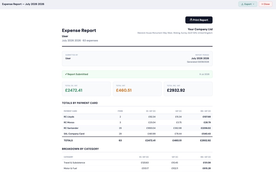 A generated expense report in SyncXP for Mac